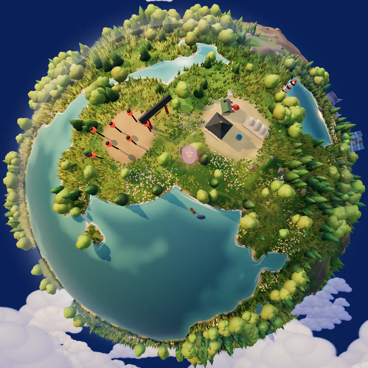 Pocket Planet still: a small green planet with a harbour town, a lantern lane, forests, clouds and a turquoise sea